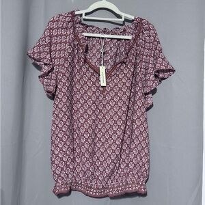Max Studio Burgundy Floral Short Sleeve Peasant Top